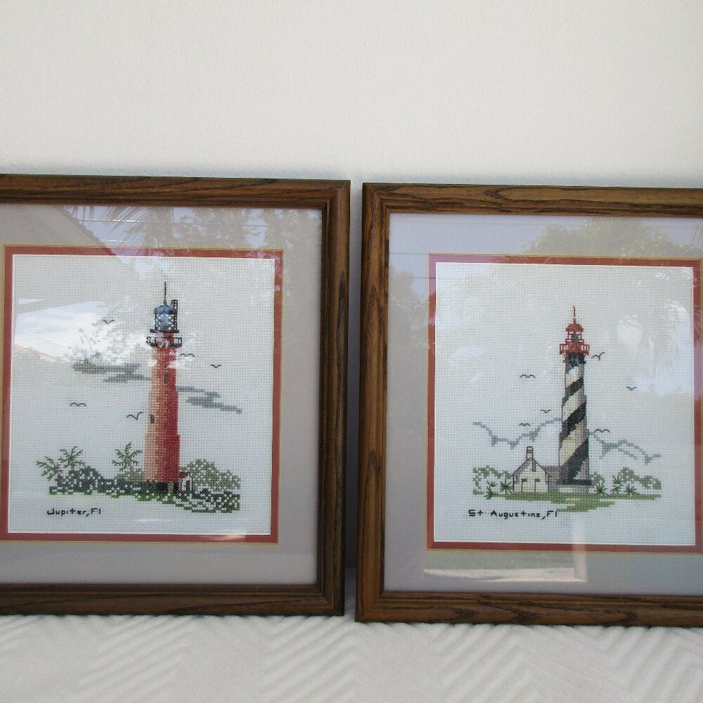 Vintage Florida Lighthouse FINISHED FRAMED Cross Stitch Set of Two Art Pieces